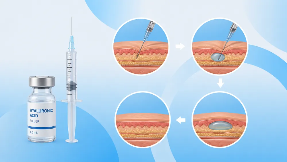 Step-by-step illustration of hyaluronic acid filler injection for male enhancement