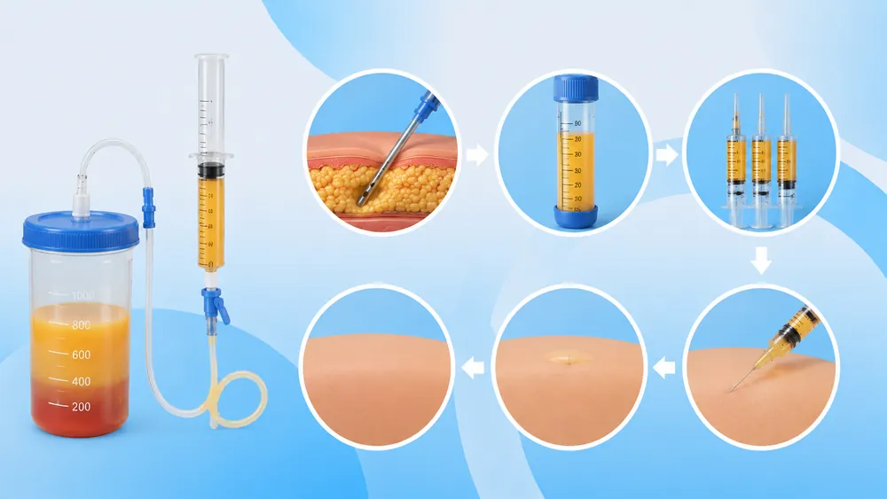 Step-by-step illustration of penile lipotransfer: fat harvesting, processing, and injection