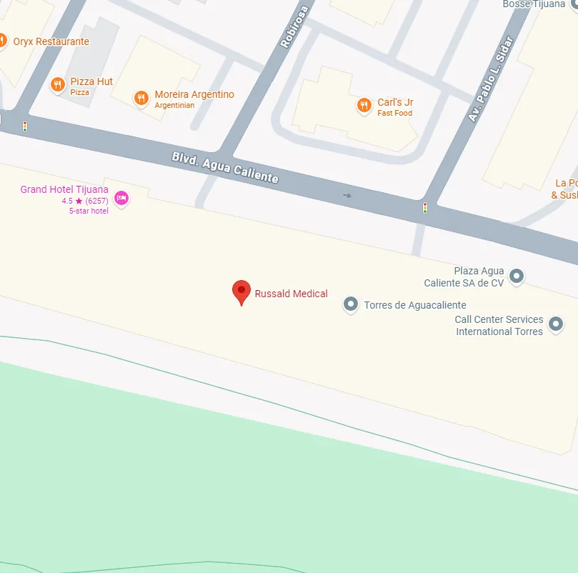 Map showing Russald Medical Center at Las Torres Medical Tower, Agua Caliente Blvd 4558, Tijuana