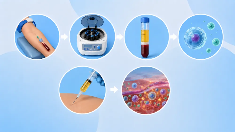 Step-by-step illustration of the P-Shot+ protocol: PRP plus stem cells for deeper tissue regeneration