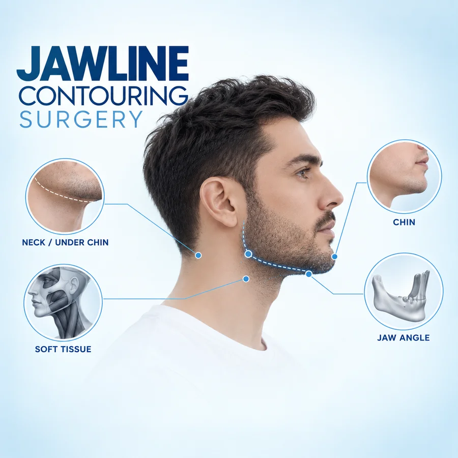 Zonas que se evalúan en el contorno mandibular en hombres: mentón, ángulo mandibular, cuello y zona bajo el mentón, y tejidos blandos