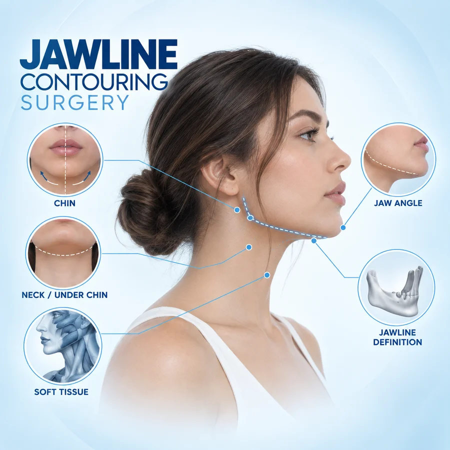Zonas que se evalúan en el contorno mandibular en mujeres: mentón, ángulo mandibular, cuello y zona bajo el mentón, y tejidos blandos